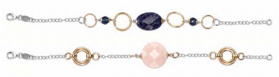 Mya: Collezione Zelda, bracciale ZL/BR01 in argento rodiato e placcato oro rosa con sodalite e cristalli Swarovski blu (€ 34,00); bracciale ZL/BR04 in argento rodiato e placcato oro rosa con quarzo rosa (€ 34,00).